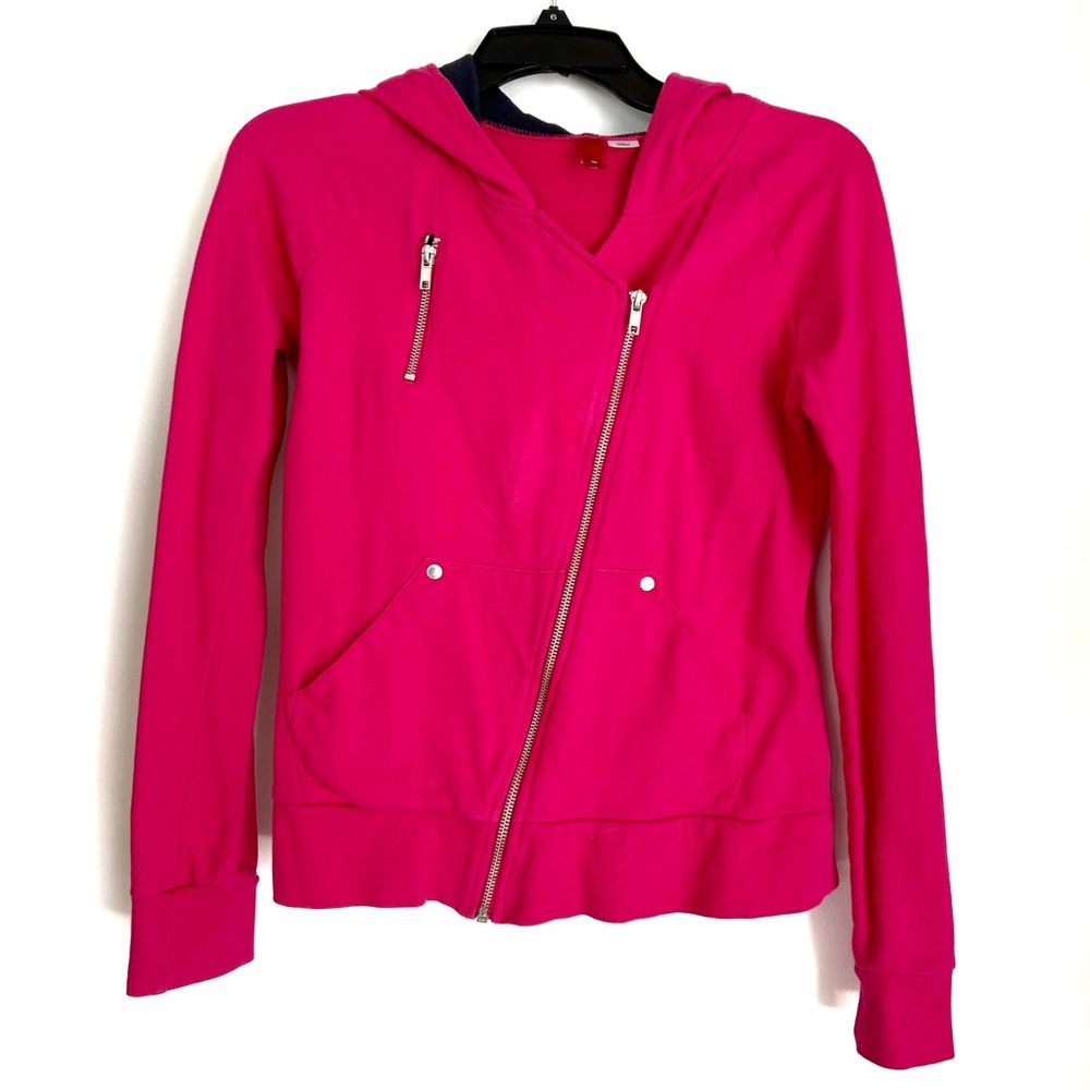 Hot Pink 100% Cotton Cross Diagonal Zip Up Hoodie Sweater Pocket Y2K 2000 Preppy